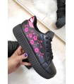 Sneakers scarpe donna ecopelle nere fiori rosa